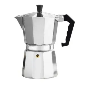 Cafetera italiana de aluminio para 6 tazas de expreso, plateada, con mango negro y tapa negra.