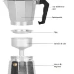 Cafetera italiana de aluminio plateado, 6 tazas, con tapa, asa resistente al calor, filtro, vertedor y válvula de seguridad.