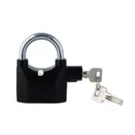 Candado con alarma de bloqueo plateado y negro, ideal para motos, bicicletas y contenedores.