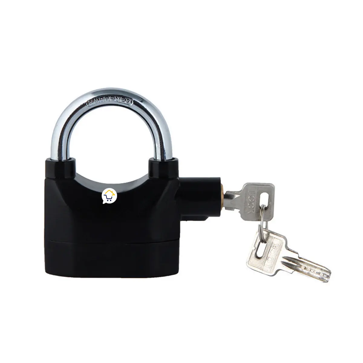 Candado con alarma de bloqueo plateado y negro, ideal para motos, bicicletas y contenedores.
