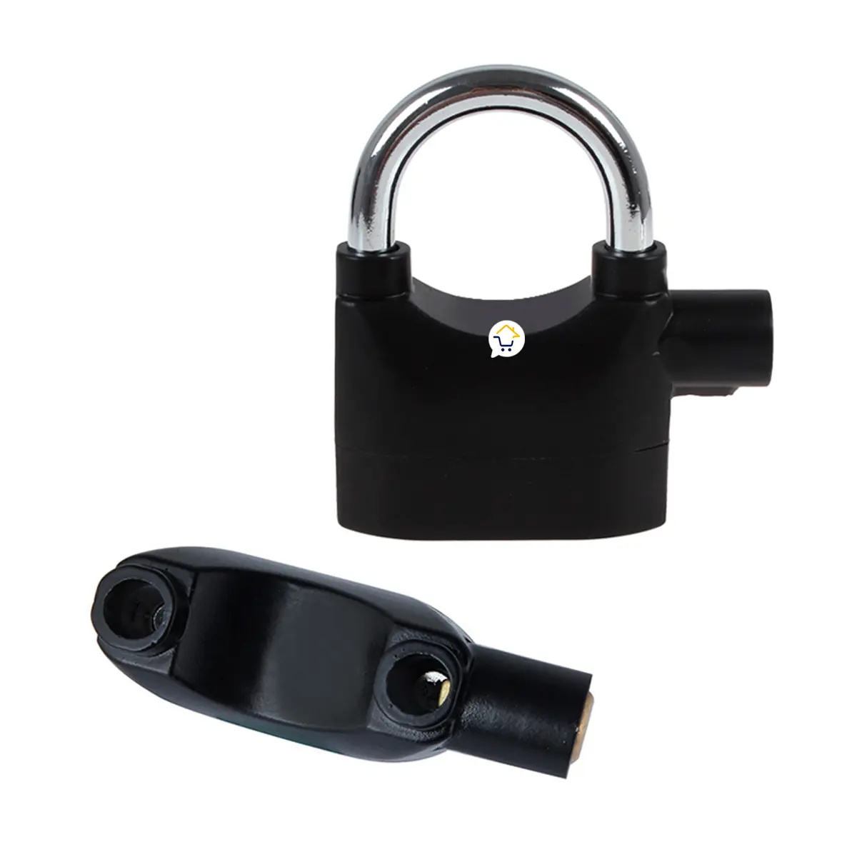 Candado de alarma negro para motos, bicicletas, contenedores y puertas con grillete plateado.