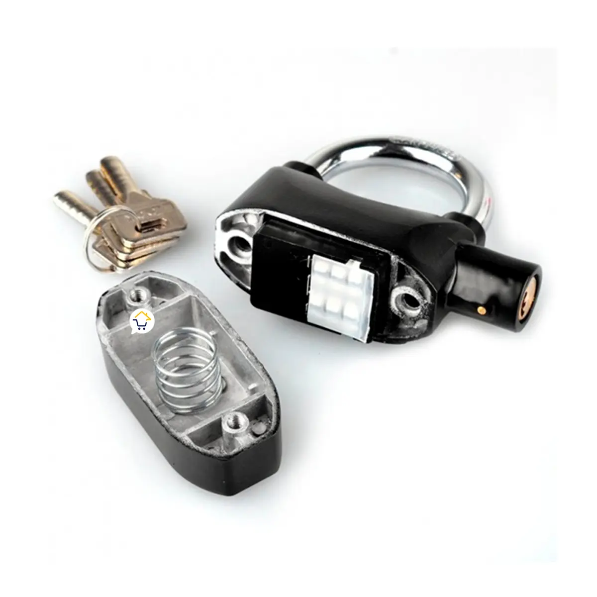 Candado de alarma para motos y bicicletas con llave y resortes, ideal para contenedores y puertas.