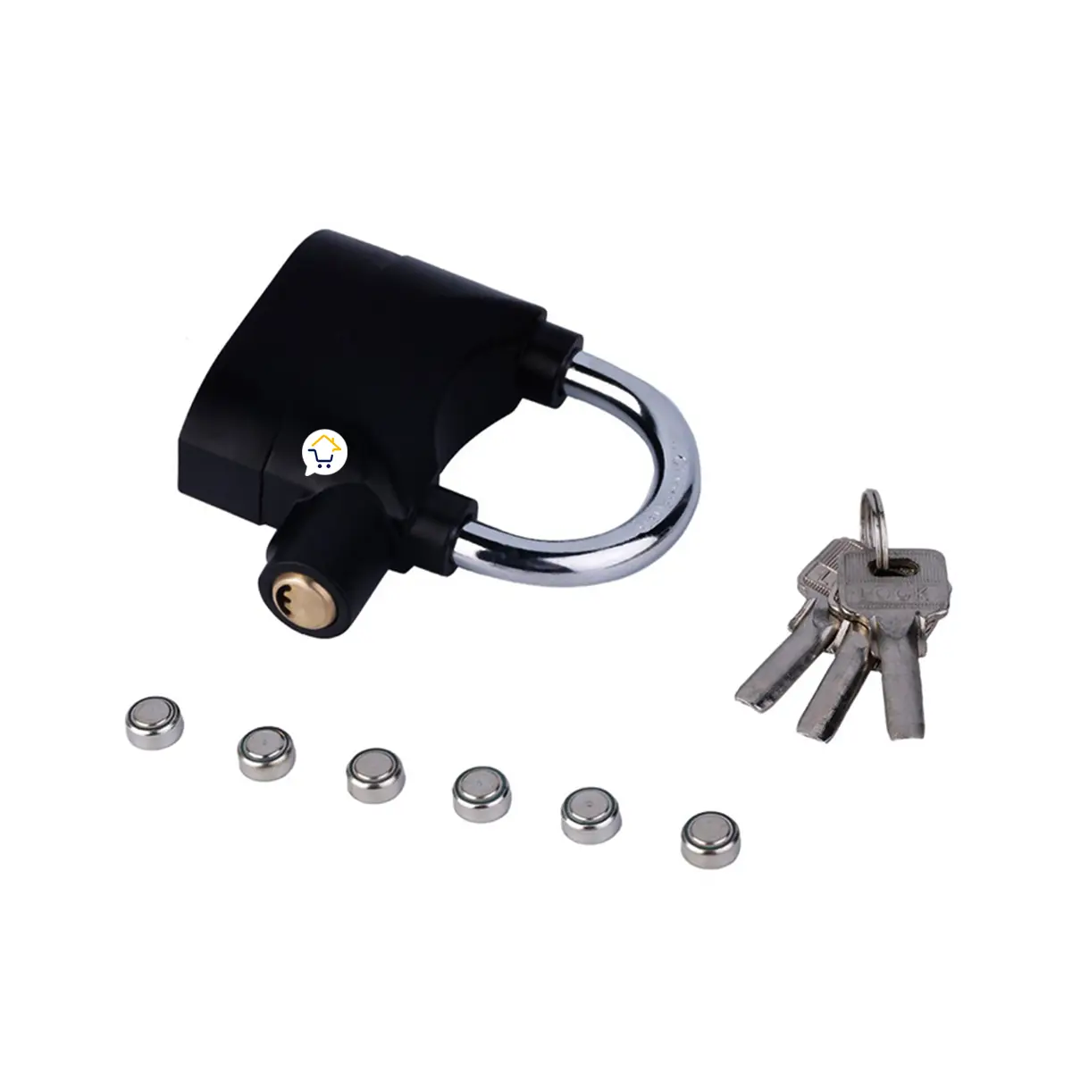 Candado de alarma con llaves para moto, bicicleta o puerta. Incluye baterías.