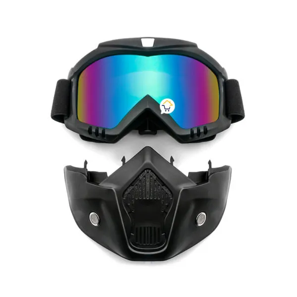 Careta de paintball negra con máscara airsoft y gafas motocross con lentes iridiscentes.