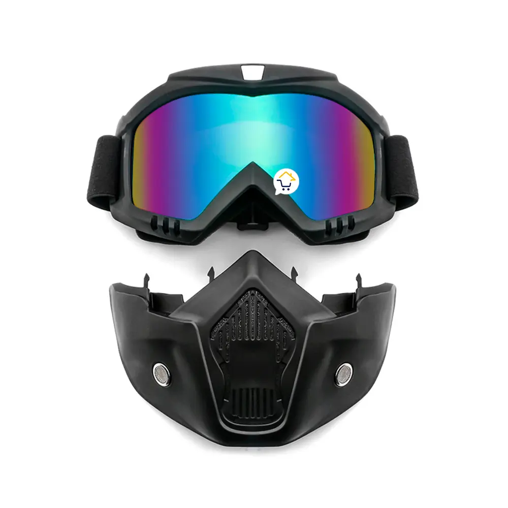 Careta de paintball negra con máscara airsoft y gafas motocross con lentes iridiscentes.