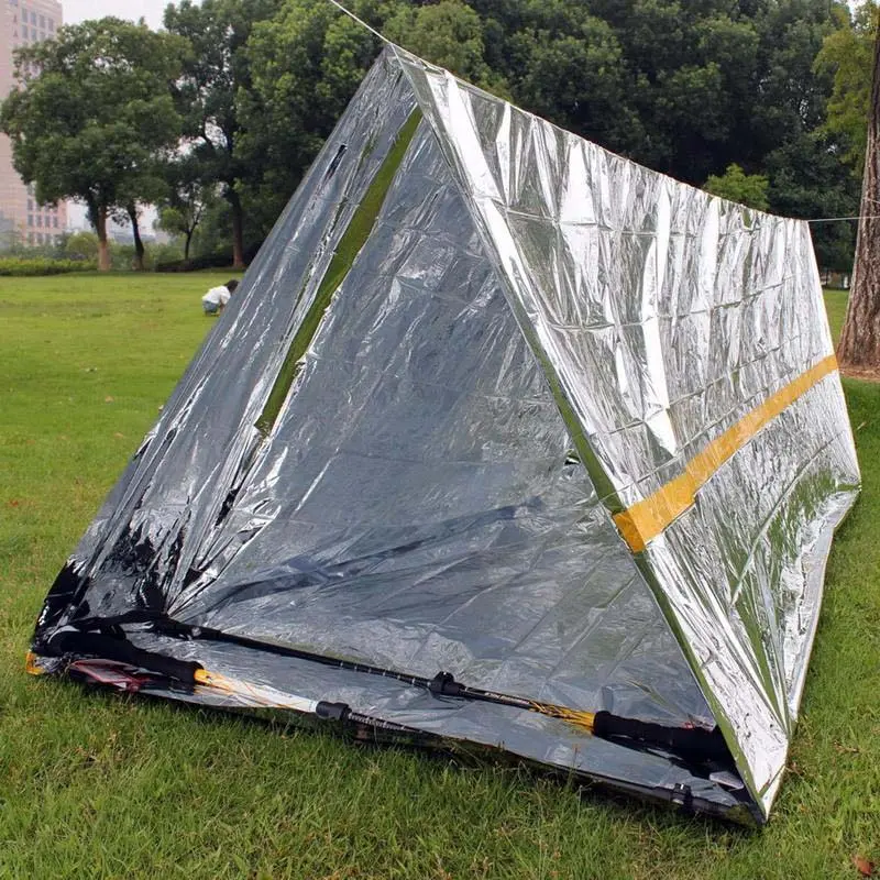 Carpa térmica de emergencia, refugio para camping, ideal para temperaturas extremas.