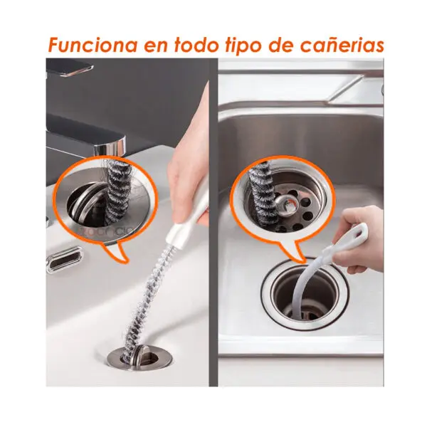Cepillo flexible para destapar cañerías, limpia drenajes de tubería de 45cm en lavamanos y lavaplatos.