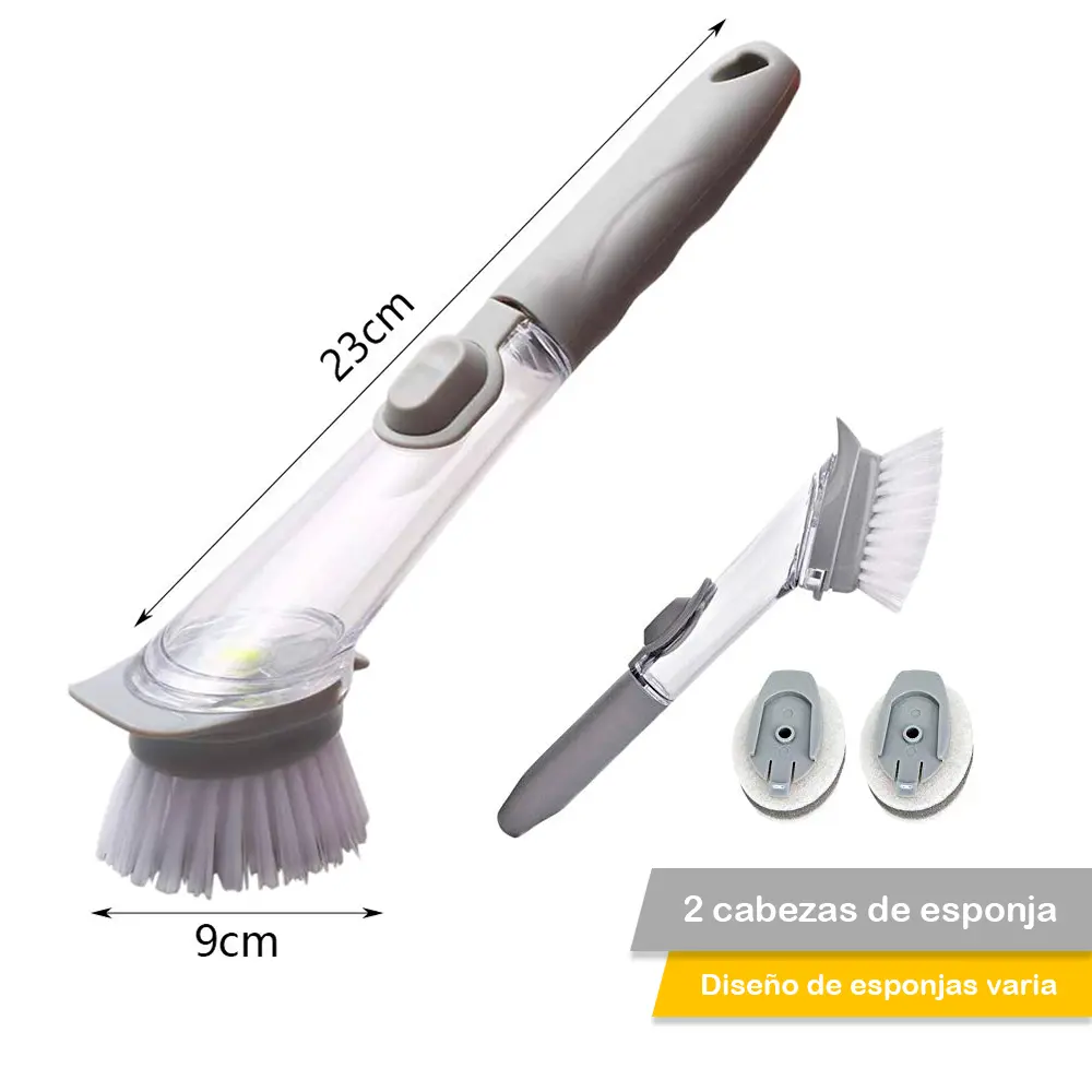 Cepillo con dispensador de jabón y dos cabezales de esponja, ideal para limpieza de cocina.