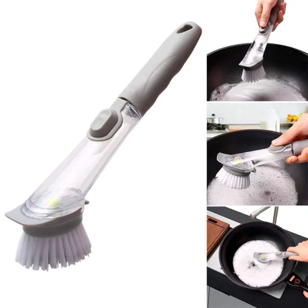 Cepillo dispensador de jabón para lavar platos, con cerdas suaves y mango ergonómico.