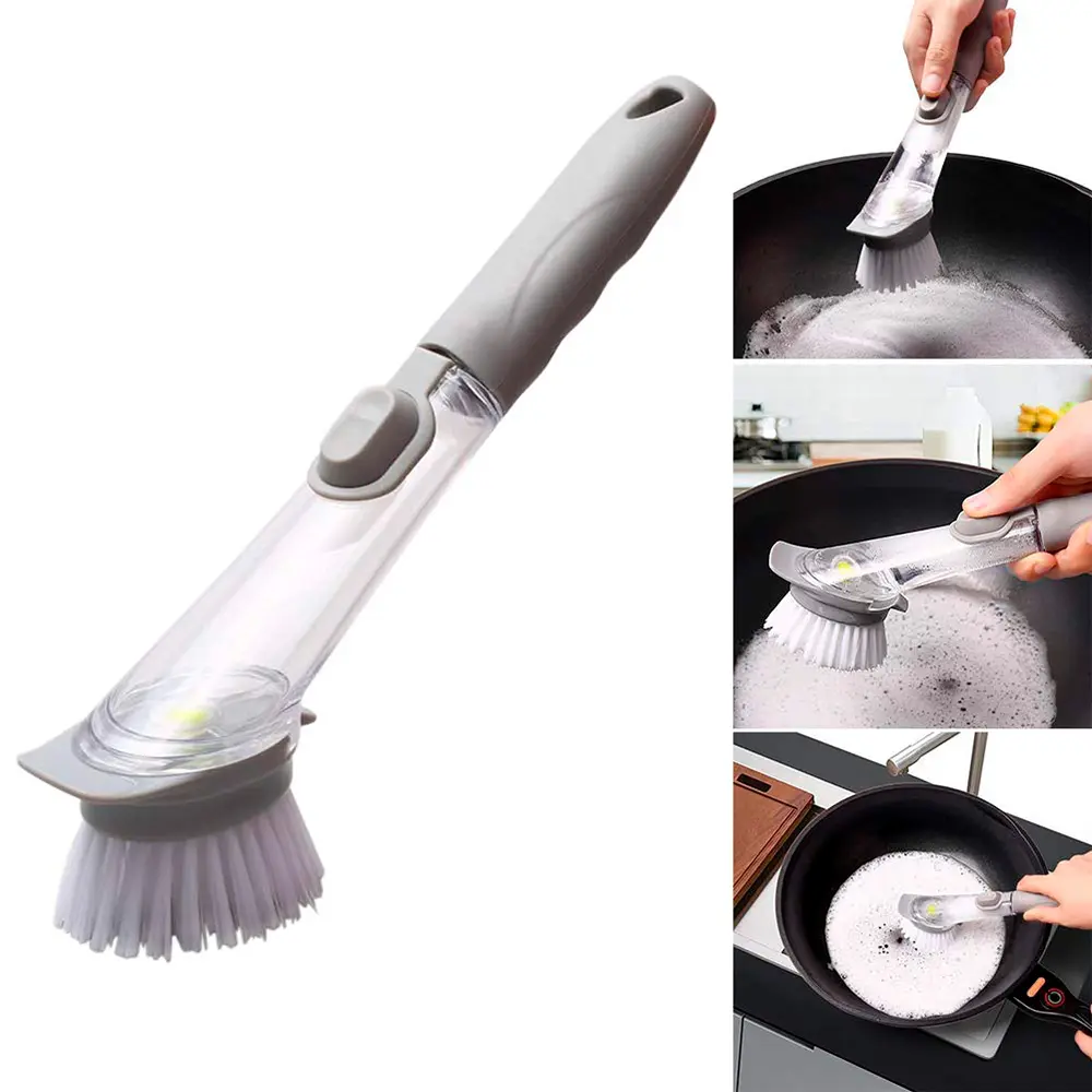 Cepillo dispensador de jabón para lavar platos, con cerdas suaves y mango ergonómico.