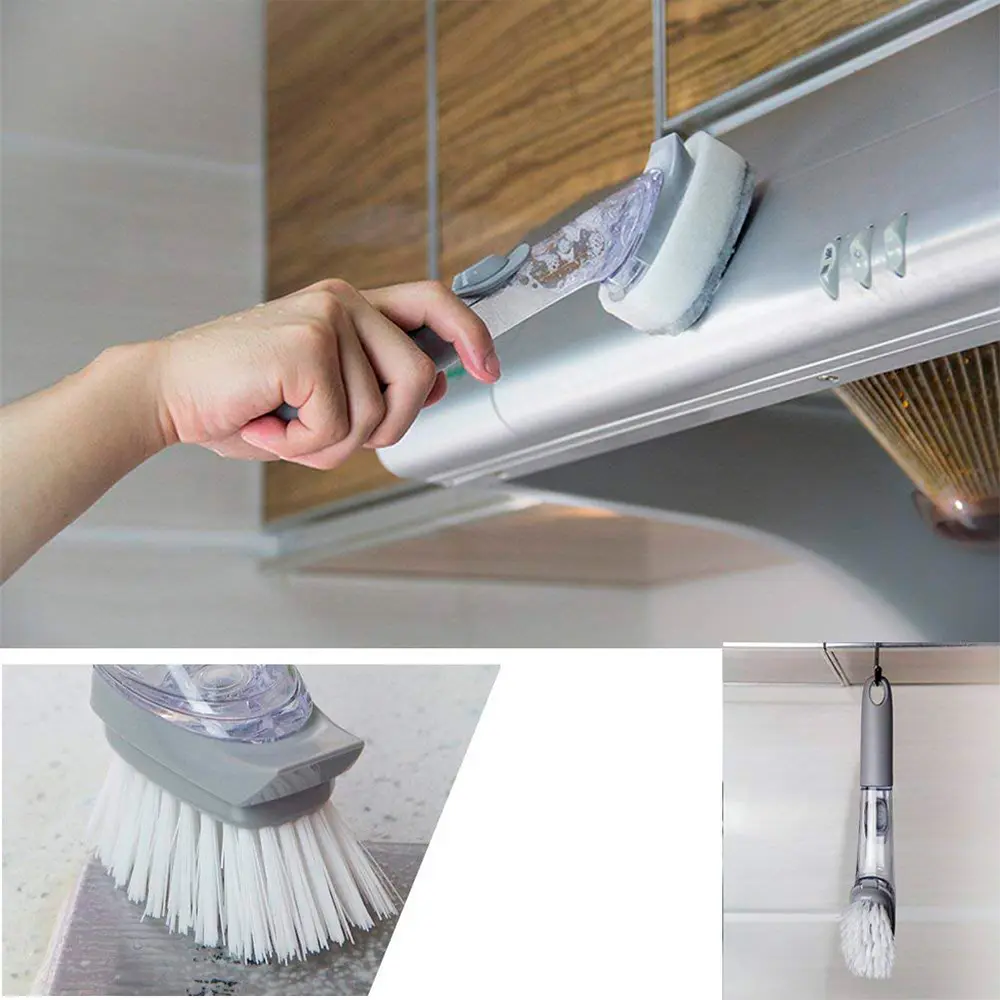 Set x2 Cepillo con dispensador de jabón limpiando campana de cocina, ideal para cocinas.