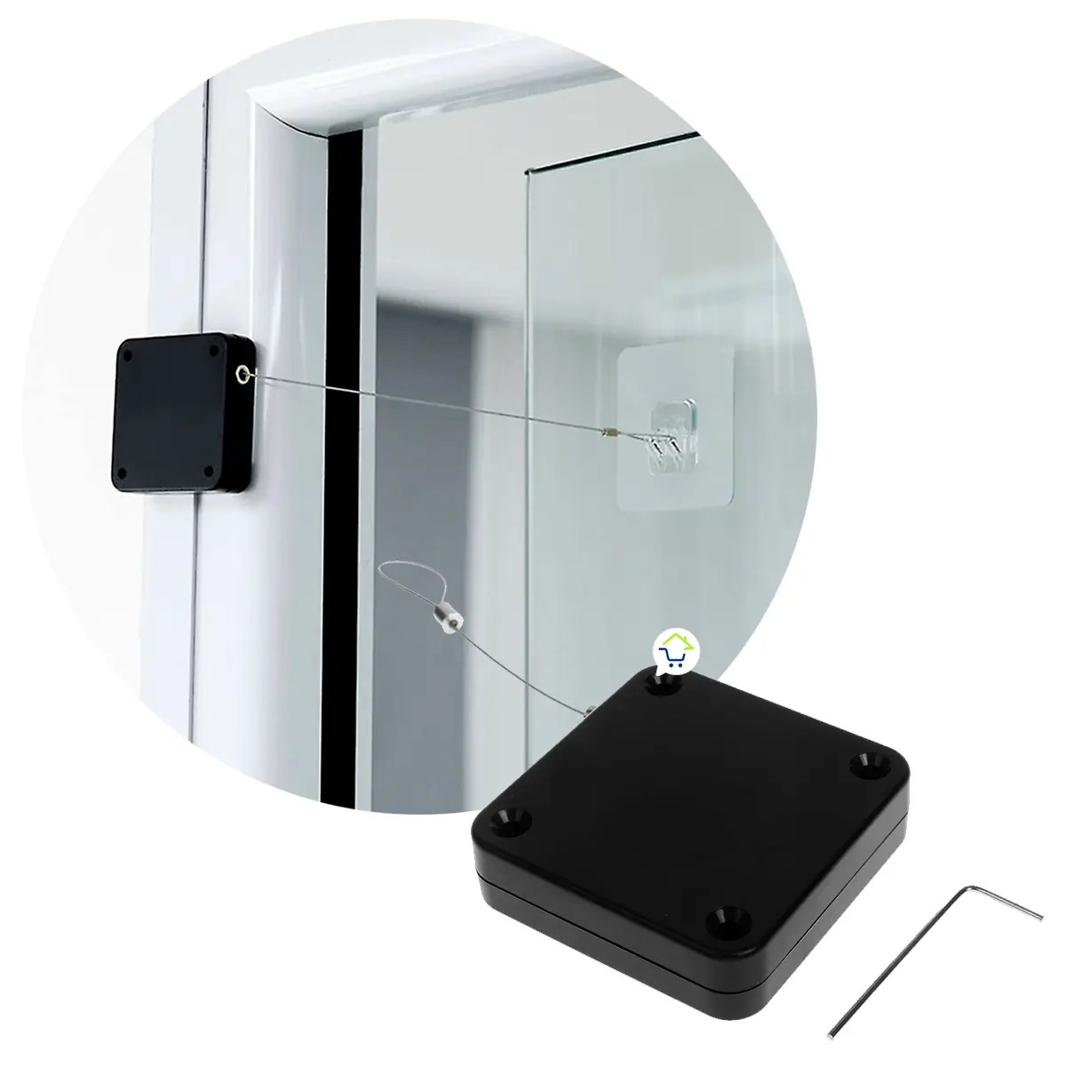 Cierra puertas automático multifuncional con cable de acero y gancho para vidrio.