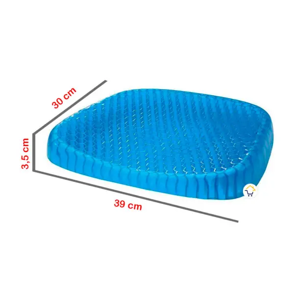 Cojín gel ergonómico y ortopédico azul, medidas 39x30x3.5 cm, con funda.