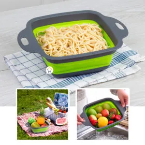 Colador plegable de silicona con asas, escurre pasta y frutas, ideal para cocina y picnics.