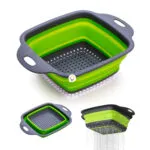 Colador plegable pequeño de silicona verde y gris, escurridor de cocina ahorra espacio.