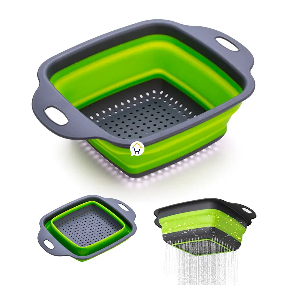 Colador plegable pequeño de silicona verde y gris, escurridor de cocina ahorra espacio.