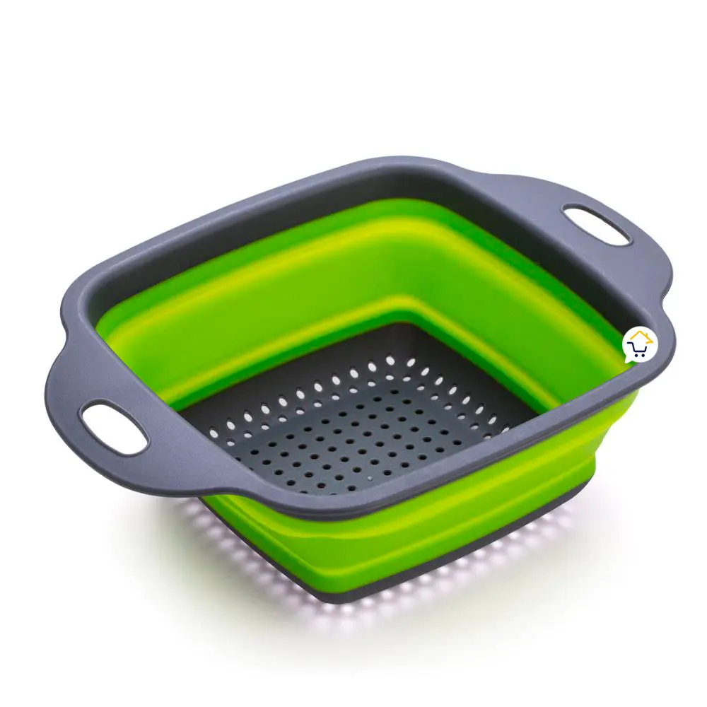 Colador plegable pequeño de silicona escurridor para cocina, ahorra espacio, color verde y gris.