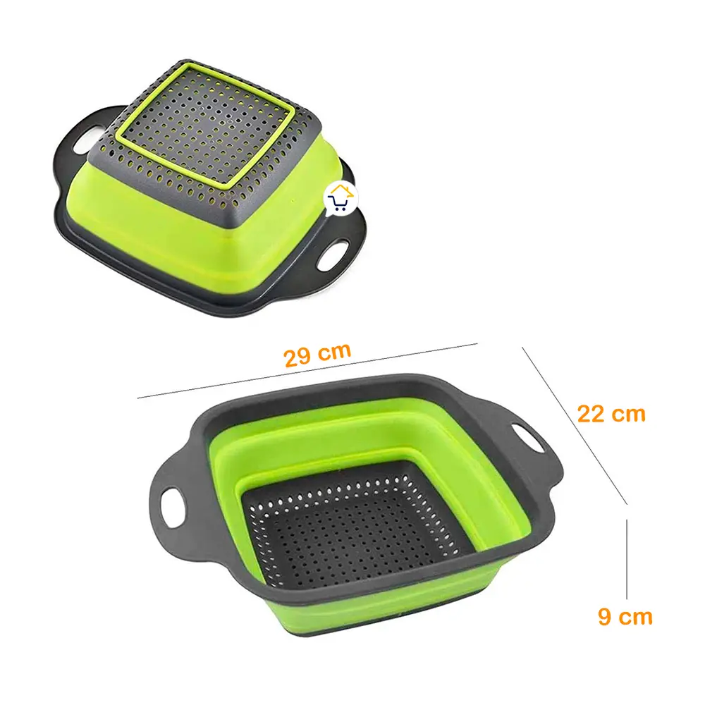 Colador plegable de silicona verde y gris, escurridor compacto de cocina, 29x22x9 cm.