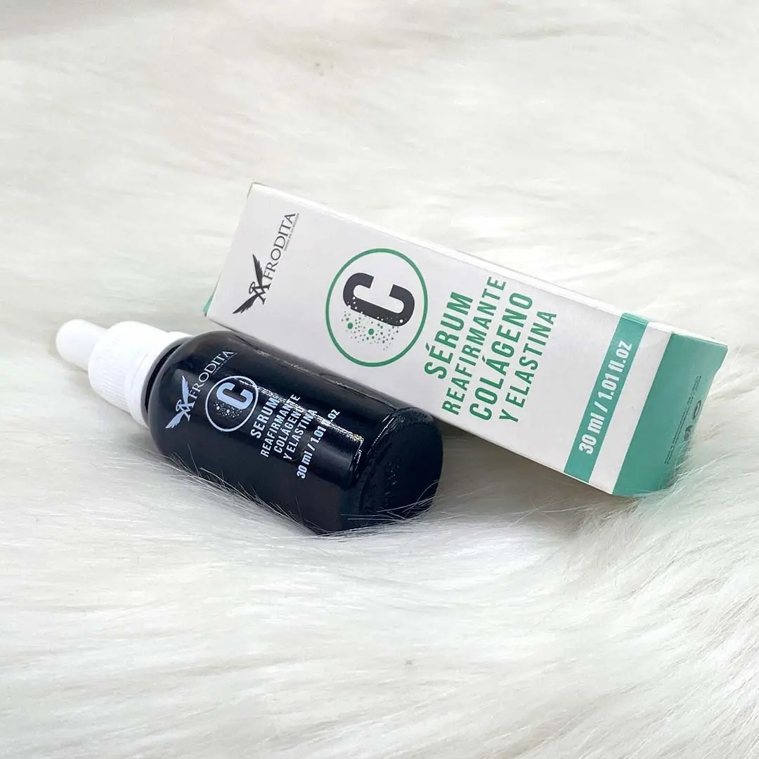 Serum Colágeno Afrodita reafirmante con Vitamina C, botella y caja.