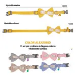 Set x4 collares para mascotas con corbatín y cascabel, ajustables. Colores surtidos.