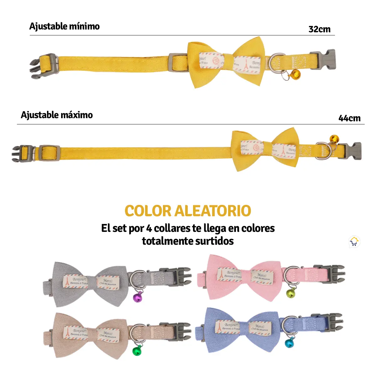 Set x4 collares para mascotas con corbatín y cascabel, ajustables. Colores surtidos.