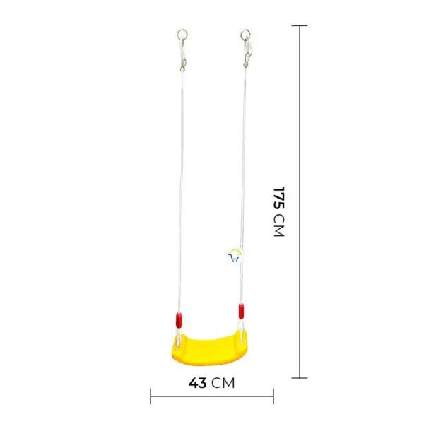 Columpio amarillo para exteriores para niños, con medidas de 175 cm de largo y 43 cm de ancho.