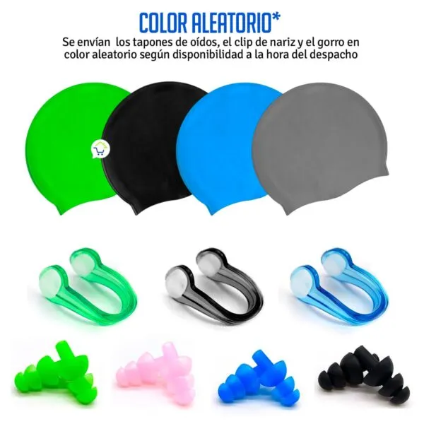 Combo natación: gorro silicona varios colores, tapones oídos y clip nariz.