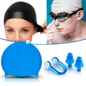 Combo natación: gorro de silicona, tapones y clip para nariz para protegerte mientras nadas.