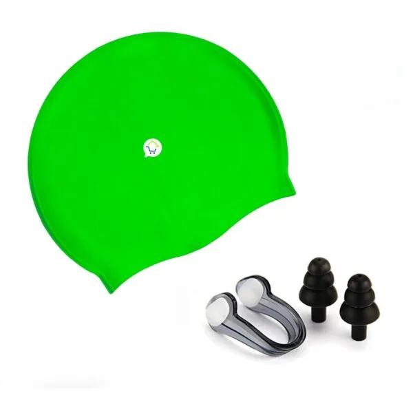 Gorro de natación de silicona verde brillante, tapones para oídos y clip para nariz para nadar.
