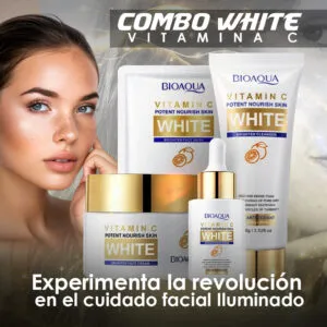 Combo White X4 Vitamina C Bioaqua: serum, crema, jabón y mascarilla facial para piel luminosa.