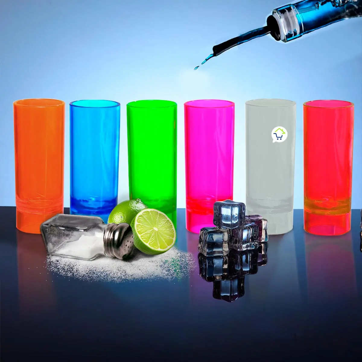 Set 12 copas tequileras neón colores brillantes, para shots, con salero, limón y hielo.