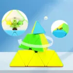 Cubo Rubik Pirámide x3: rompecabezas de colores para niños, con detalles de mecanismo interno y giro.