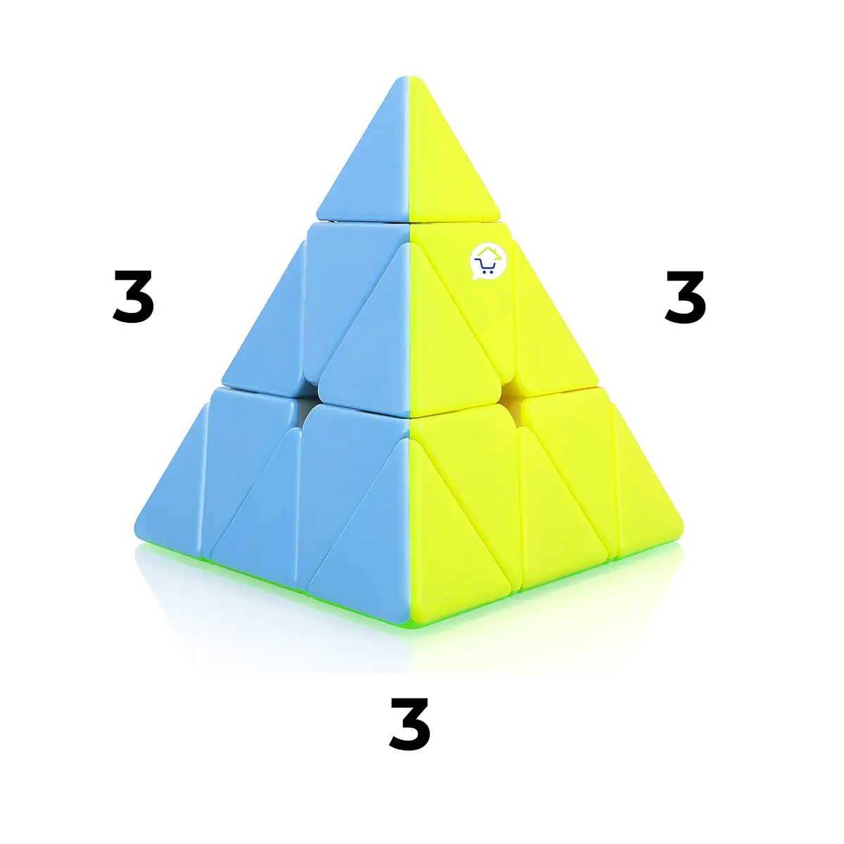 Cubo Rubik piramide rompecabezas mágico de 3 piezas, azul y amarillo.