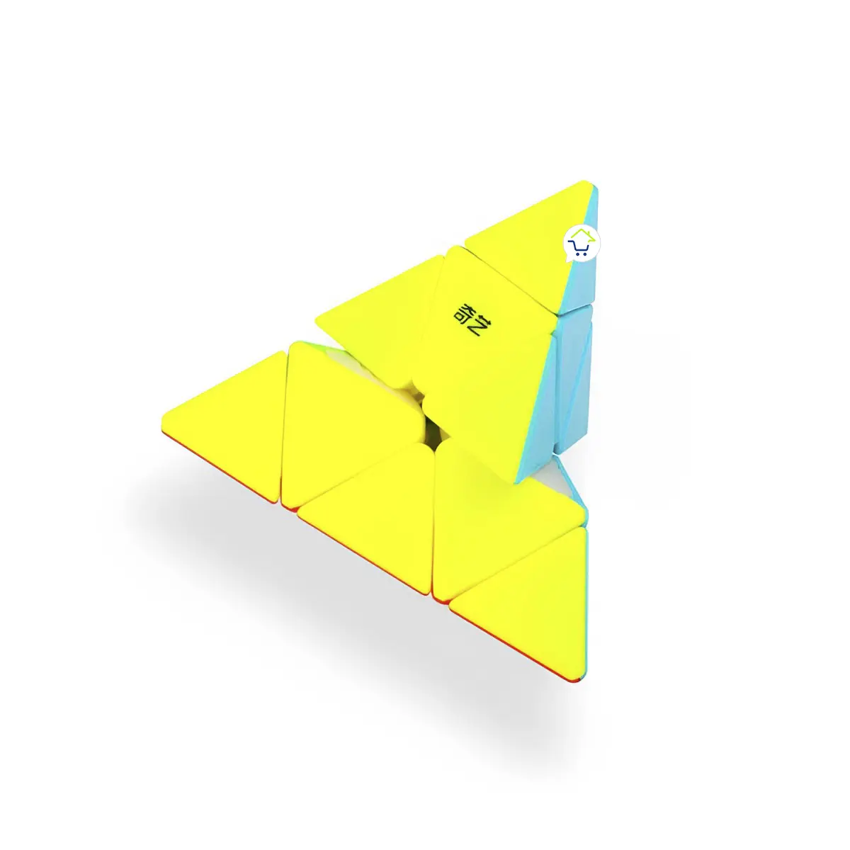 Set de 3 cubos Rubik pirámide mágicos Qiyi color amarillo y azul con logo.