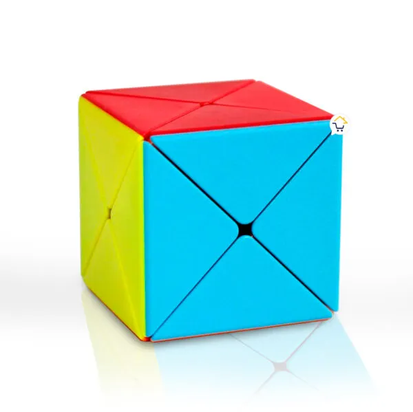 Cubo Rubik de 5.5 cm colores, rompecabezas mágico con superficies triangulares rojas y azules, y un lateral amarillo.