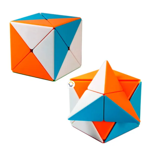 Cubo Rubik rompecabezas 5.5 cm colores blanco, naranja y azul, diseño geométrico piramidal.