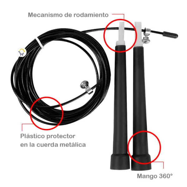 Cuerda de saltar metálica para crossfit y gimnasio, con mangos 360°.