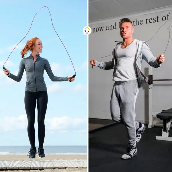 Cuerda de saltar para CrossFit: mujer en playa, hombre en gimnasio.