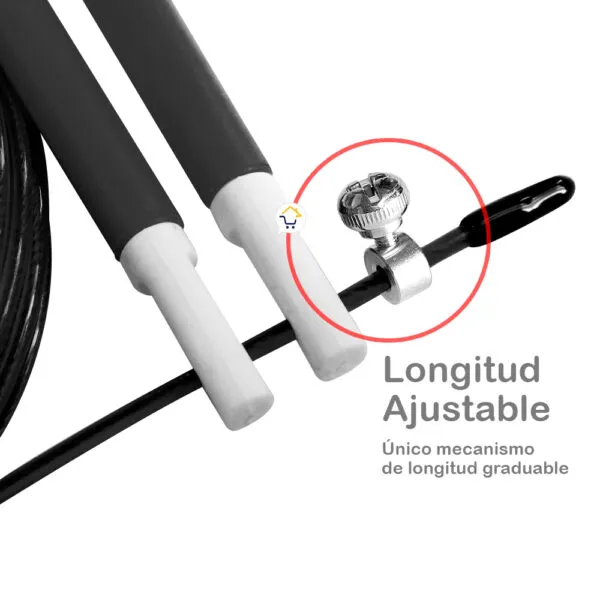 Cuerda para saltar ajustable con mecanismo de longitud, ideal para crossfit, gimnasio y deportes.