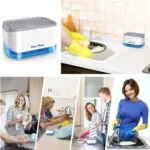 Dispensador acrílico de jabón para lavaplatos con esponja y diseño moderno junto a un lavabo.