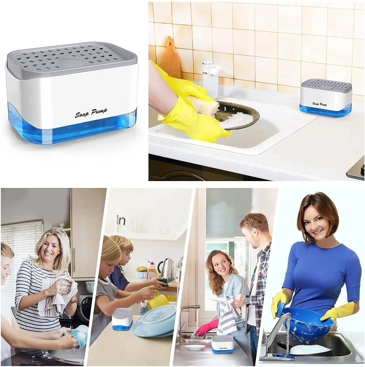 Dispensador acrílico de jabón para lavaplatos con esponja y diseño moderno junto a un lavabo.