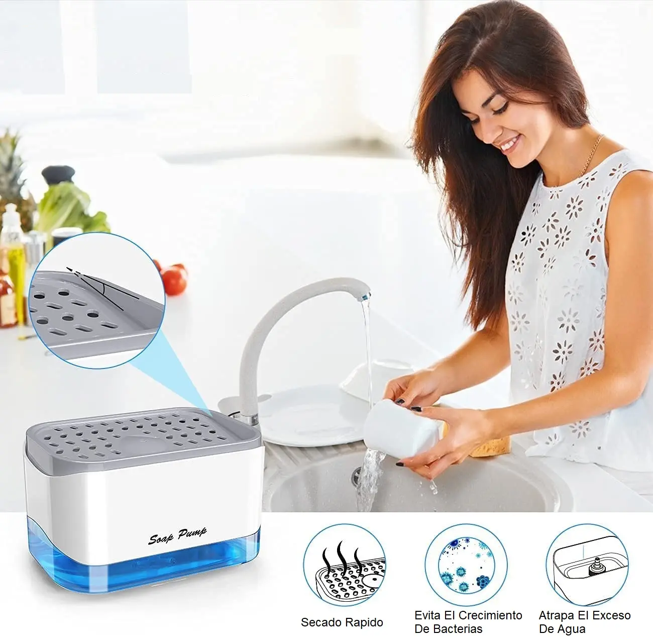 Dispensador de jabón para lavaplatos acrílico con secado rápido, previene bacterias y atrapa exceso de agua.