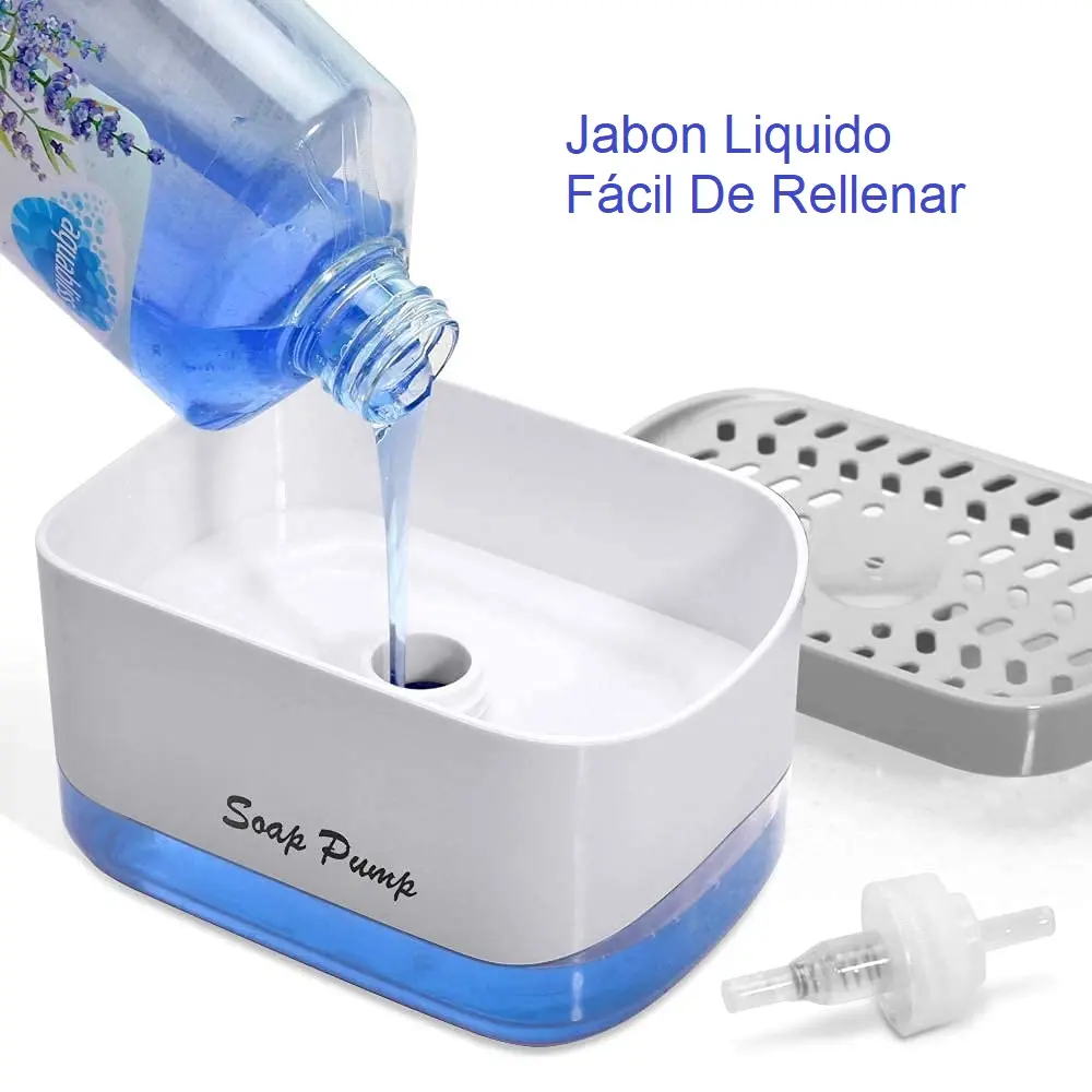 Dispensador acrílico de jabón líquido lavaplatos con esponja: recarga fácil.