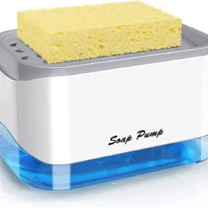 Dispensador acrílico de jabón líquido para lavaplatos con esponja amarilla, diseño moderno.