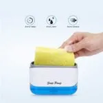 Dispensador de jabón líquido para lavaplatos con esponja, ahorra tiempo y esfuerzo.
