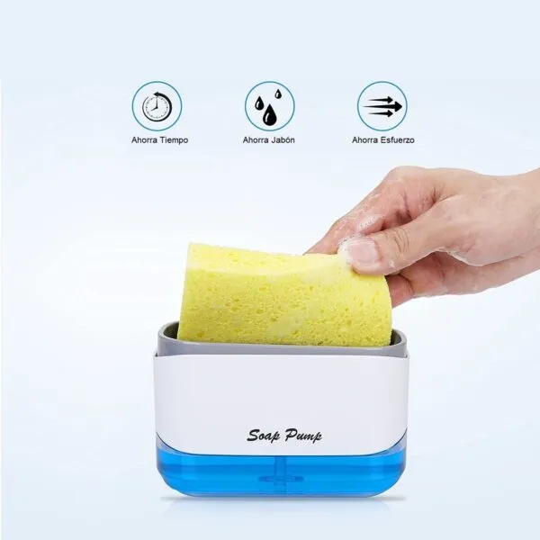 Dispensador de jabón líquido para lavaplatos con esponja, ahorra tiempo y esfuerzo.