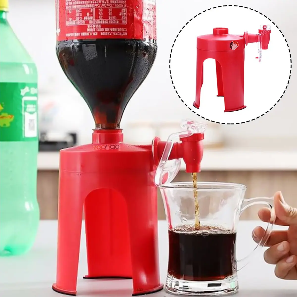 Dispensador de gaseosas con grifo para fiestas, vierte refresco de botella a vaso.