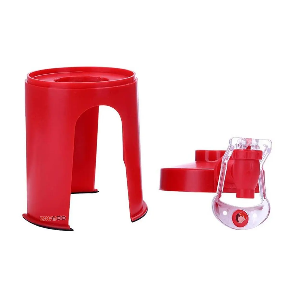 Dispensador de gaseosas rojo para fiestas con grifo transparente, base y soporte.