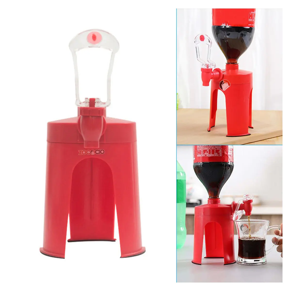 Dispensador de gaseosas rojo para fiestas, con grifo y soporte para botellas, ideal para servir bebidas.
