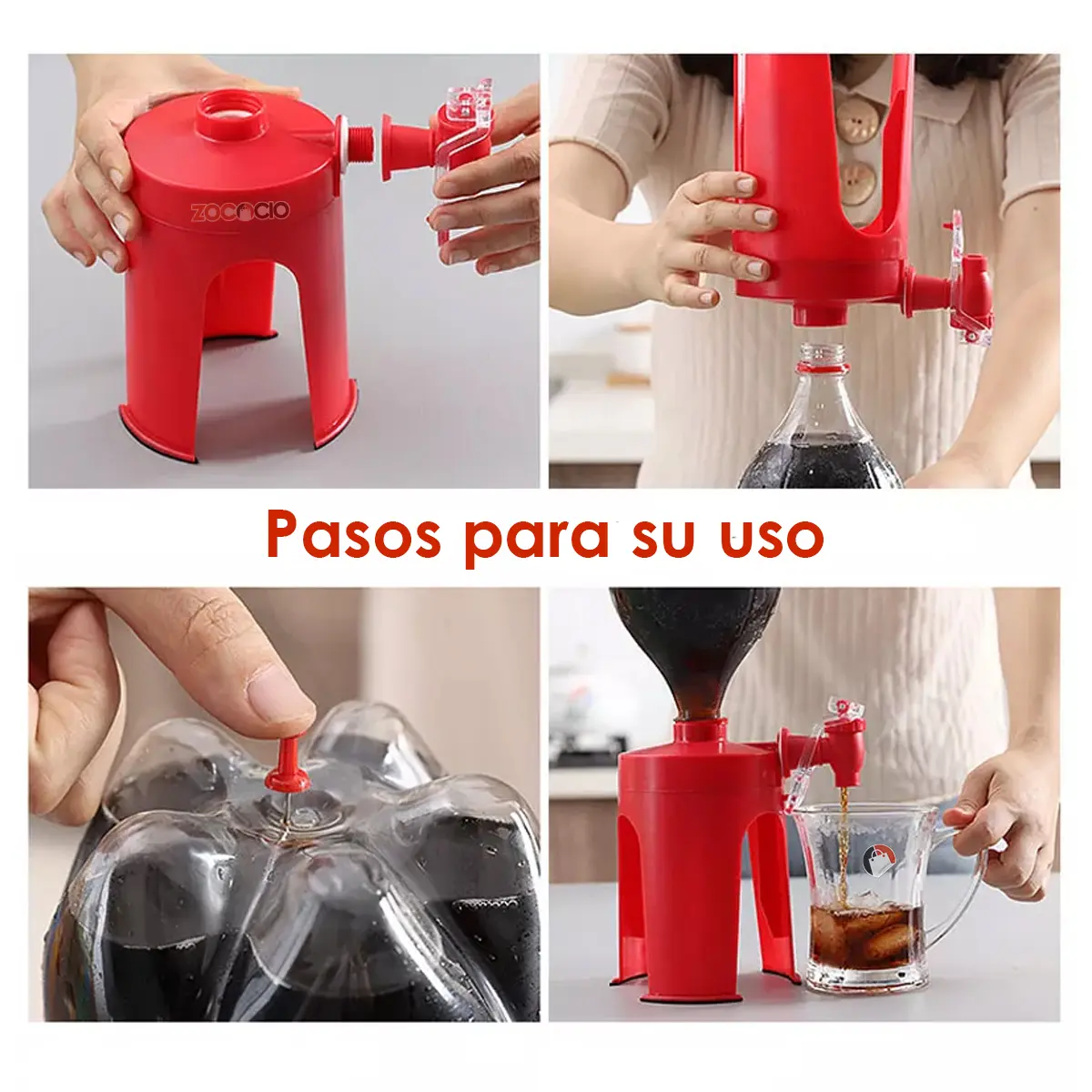 Dispensador de bebidas gaseosas rojo para fiestas, con grifo, fácil de usar en botellas.